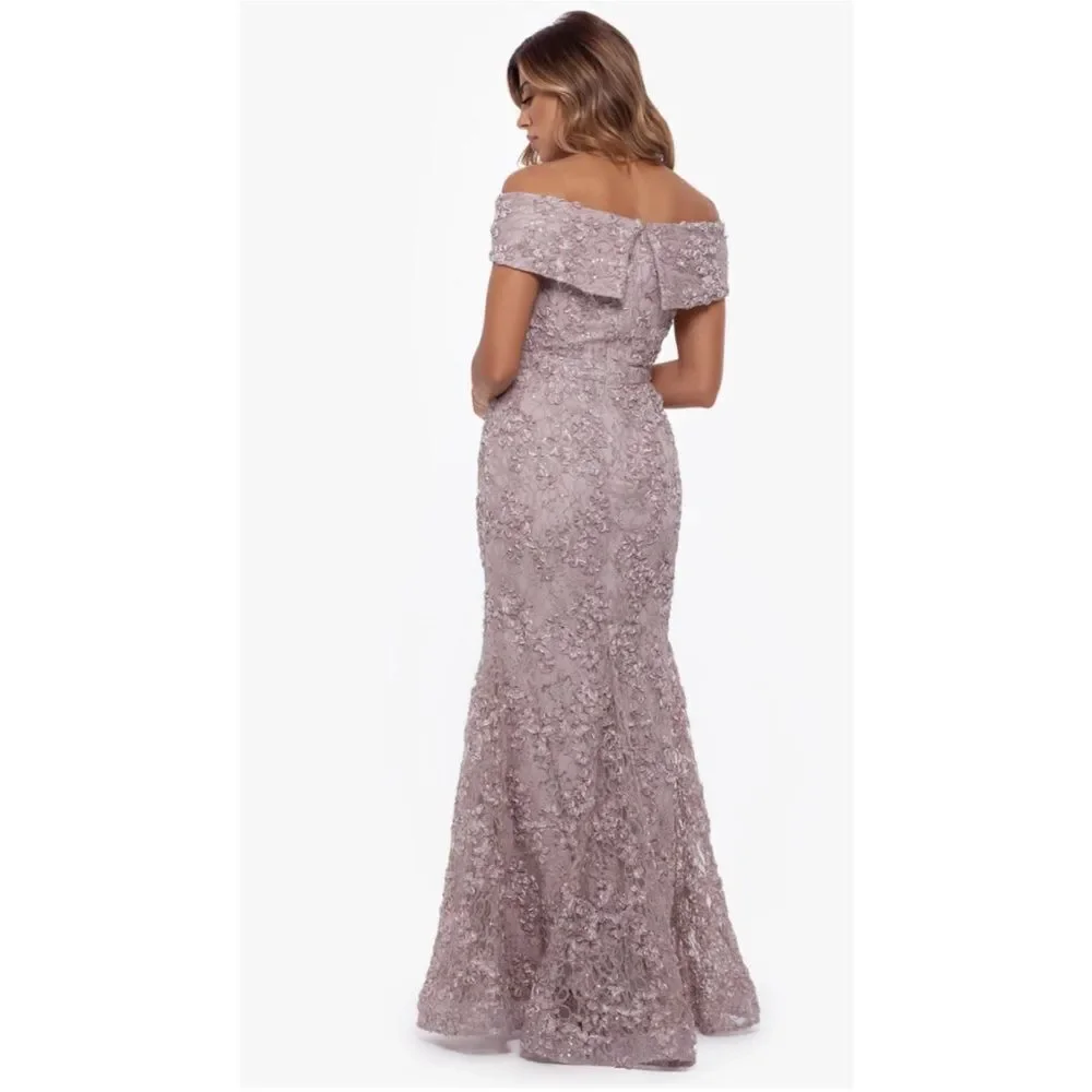 Xscape Off-Shoulder Lace Embellished Gown in Dusty Mauve - Picture 2 of 9